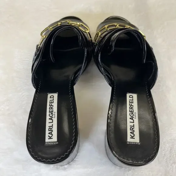 2pr Karl Lagerfeld Paris Mules Haley Patent Leather Black/Nude Chain Link Sz 10 - Picture 13 of 16